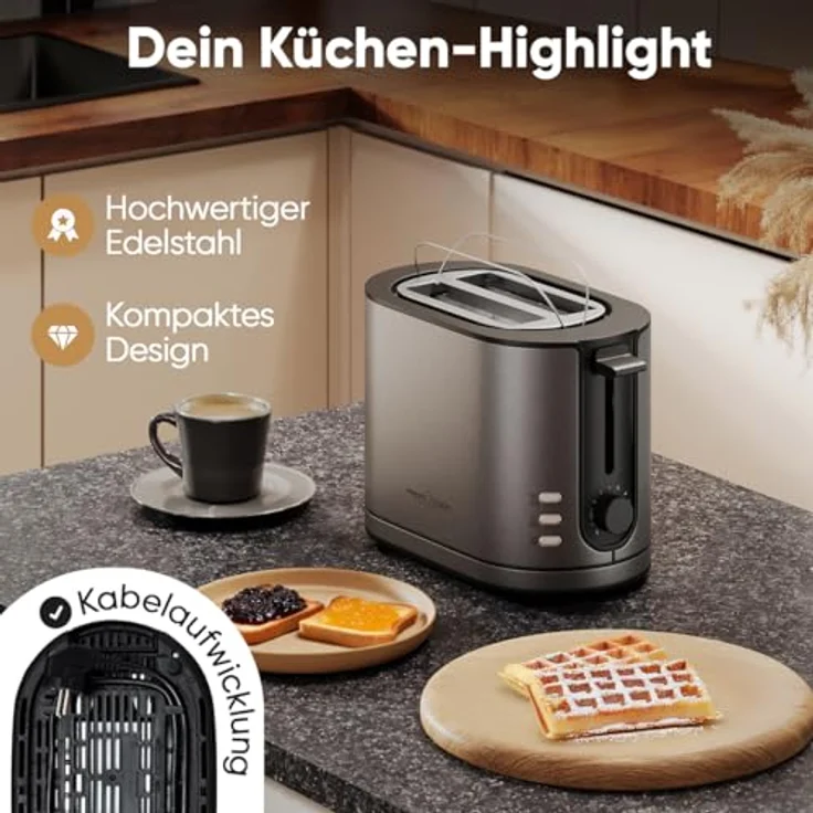 ProfiCook® PC TA 1291, 2-Scheiben-Toaster mit Brötchenaufsatz, mattes Edelstahlgehäuse, 900W, extra breite Toastschlitze, Auftau-Funktion – Bild 5