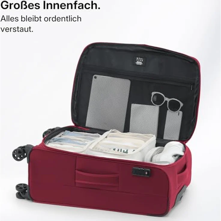Münicase XL Stoffkoffer, erweiterbar mit 15% Extra-Volumen, TSA-Schloss, 360° Doppelrollen, verdecktem Namensschild und Frontfächern (Weinrot, 79 cm) – Bild 5