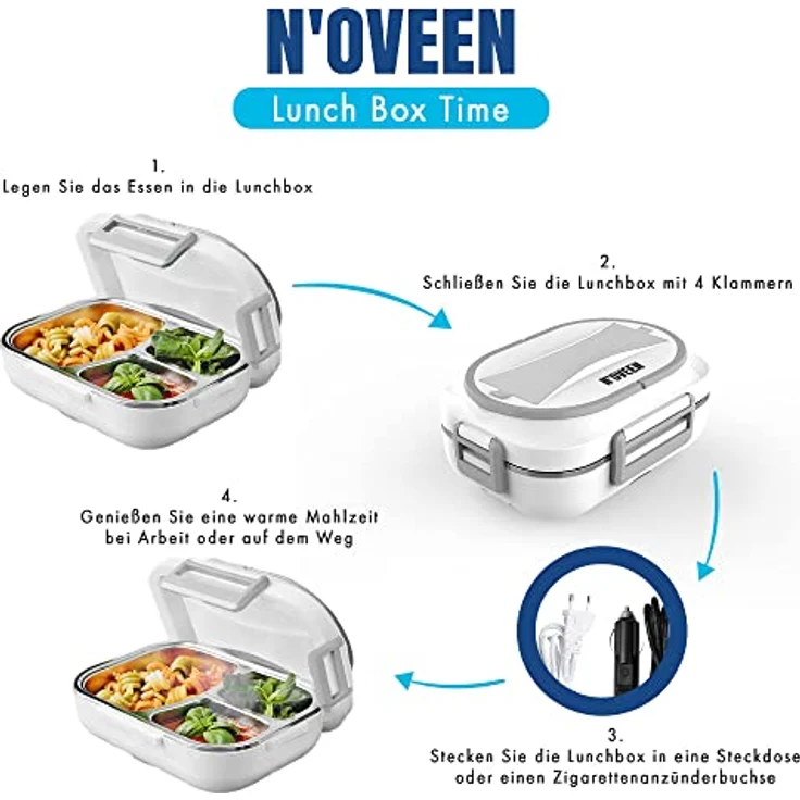 N'OVEEN Elektrische Lunchbox LB520 Speisenwärmer, Thermo Lunchbox Heizplatte mit 1 Liter Fassungsvermögen – 230V + 12V (Auto)