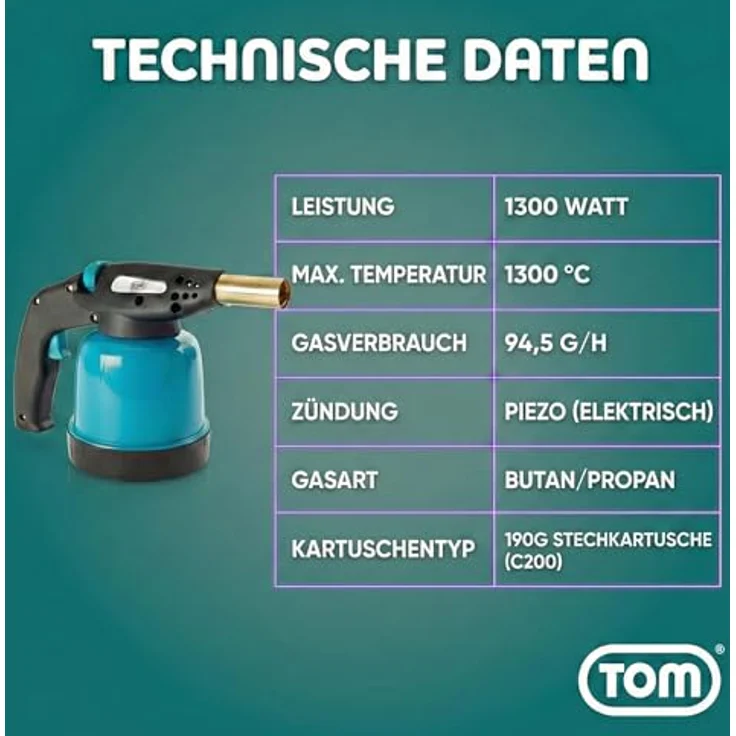 TOM GB-190 Lötbrenner, leistungsstarker Flambierbrenner mit 1300°C, Piezozündung, 1300W, inkl. optional 4x 190g Gaskartuschen – Bild 9