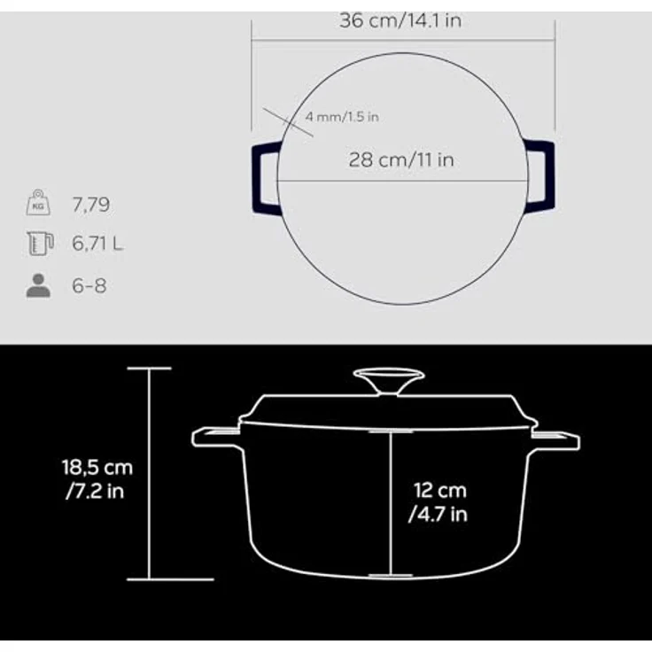 LAVA CASSEROLE ROND 280 MM, Gusseisen-Kochgeschirr mit 6.70 Ltr Kapazität für 4-6 Personen, Schwarz – Bild 5