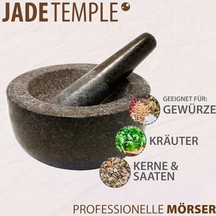 JADE TEMPLE Steinmörser mit Stößel im Set, effektives und einfaches mörsern, aus massivem Granit mit 18 cm Durchmesser und 8,5 cm Höhe – Bild 5
