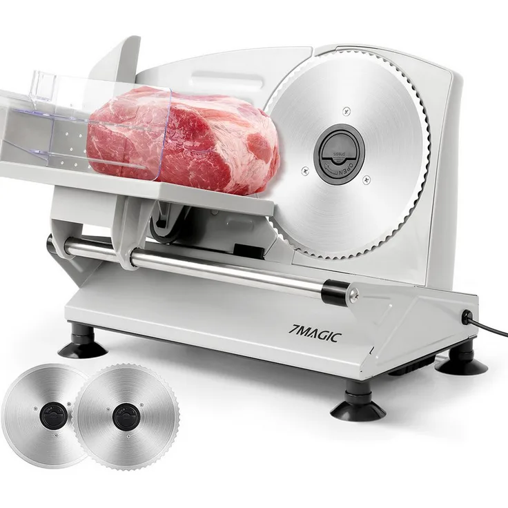 7MAGIC Elektrischer Allesschneider aus Edelstahl, Brotschneidemaschine mit 150 W, verstellbar von 0 bis 15 mm, 2 Klingen, Silber