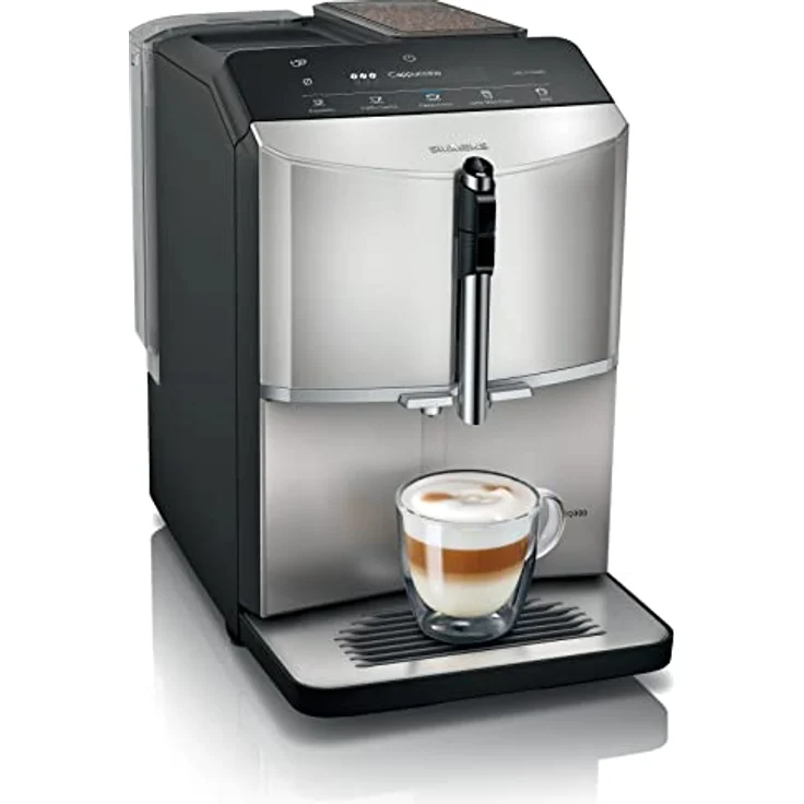 Siemens Kaffeevollautomat EQ300 TF303E07, für viele Kaffeespezialitäten, Milchaufschäumer, Keramikmahlwerk, OneTouch-Funktion, 1,4 Liter Wassertank, automatische Reinigung, 1300 W, silber metallic – Bild 1