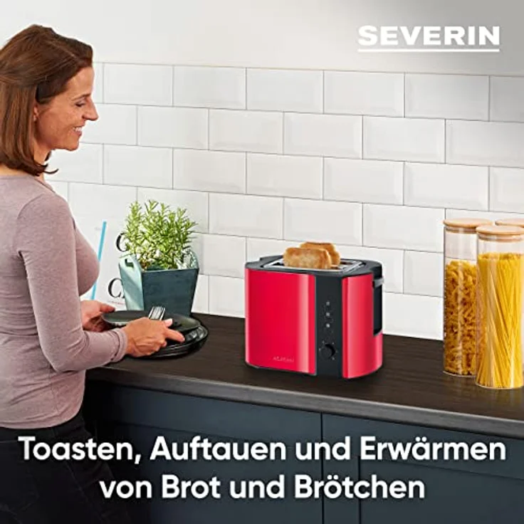 SEVERIN AT 2217 Automatik-Toaster (ca. 800 W, Für 2 Scheiben, Integrierter Brötchen-Röstaufsatz) fire red metallic -schwarz – Bild 3