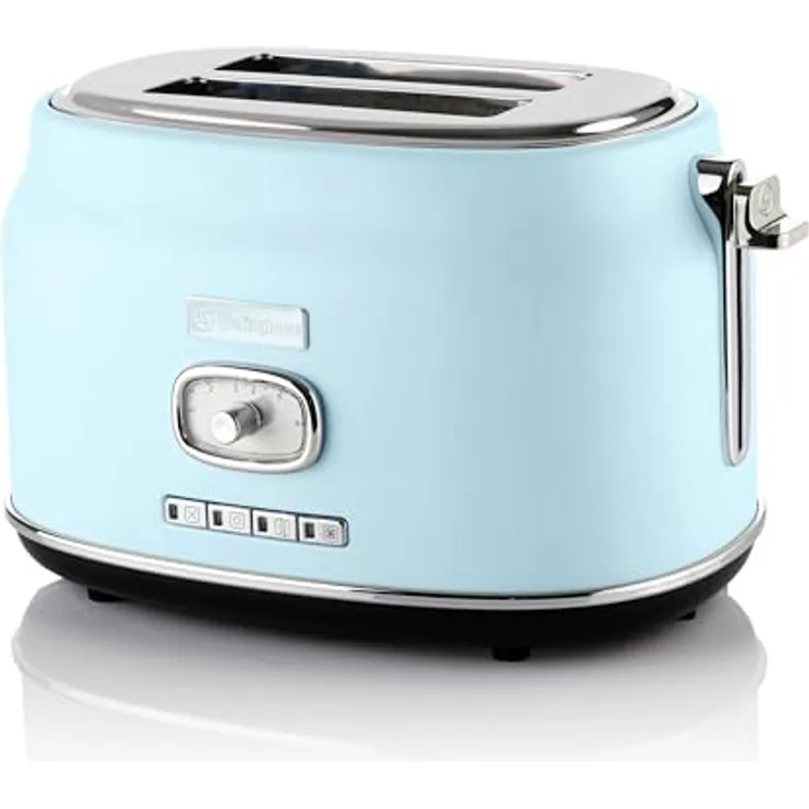 Westinghouse Retro Toaster 2 Scheiben, Abnehmbarer Brötchenaufsatz, 6 Bräunungsstufen, Brotzentrierung, Auftau-, Aufwärm- & Stoppfunktion, Kontrollleuchte, Ausziehbare Krümelschale, hellblau