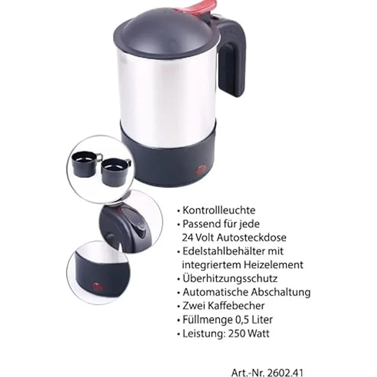 Wehmann Reise-Wasserkocher Wasserkocher 24 Volt für LKW, Edelstahl Babykostwärmer 24V, 0.5 l, 250,00 W, Edelstahlgehäuse – Bild 4