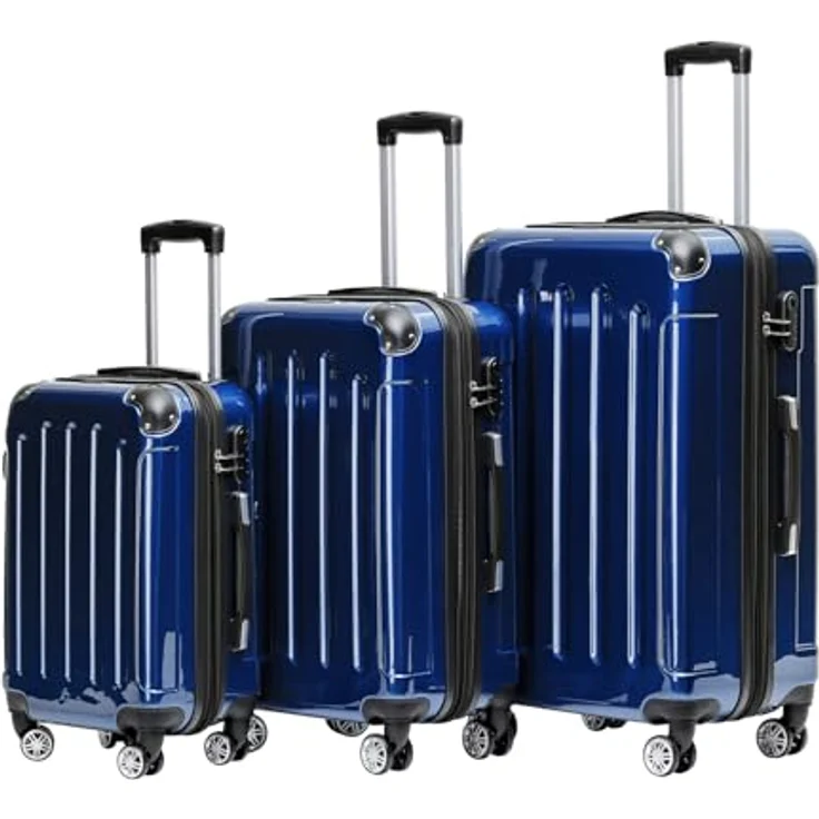 BEIBYE 3er Kofferset Hartschalen-Koffer mit Dehnungsfuge, 4 Doppelrollen, Teleskopgriff, Blau – Bild 1
