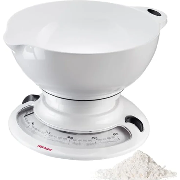 Westmark Küchenwaage mit Rührschüssel, mechanische Waage bis 5 kg mit 2,3 l Schüssel, weiß, platzsparend und ohne Batterien – Bild 1