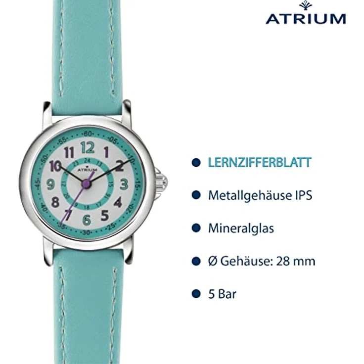 Atrium A31-106 Kinder-Armbanduhr Mädchen, Analog Quarz, 5 Bar wasserdicht, Metallgehäuse, Hellblau, Lederimitatband – Bild 3