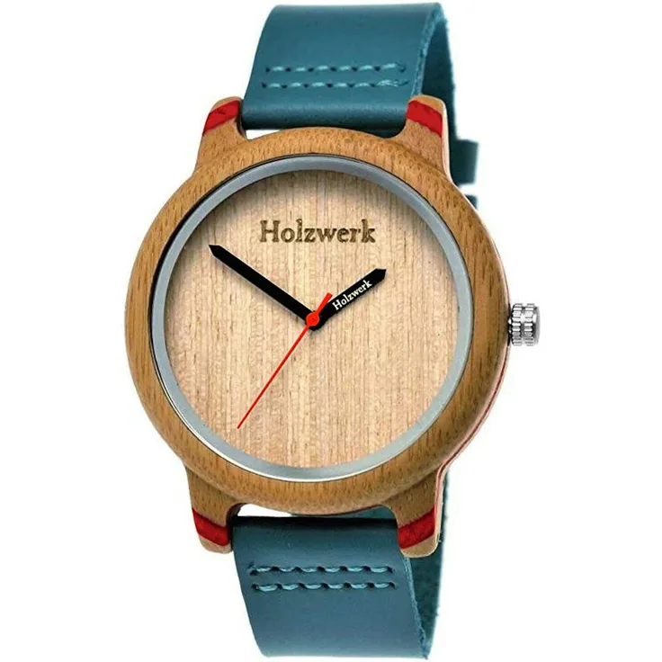 Holzwerk Quarzuhr ELSTRA Damen Leder & Holz Armbanduhr in türkis blau & beige, rot mit japanischem Quarzwerk
