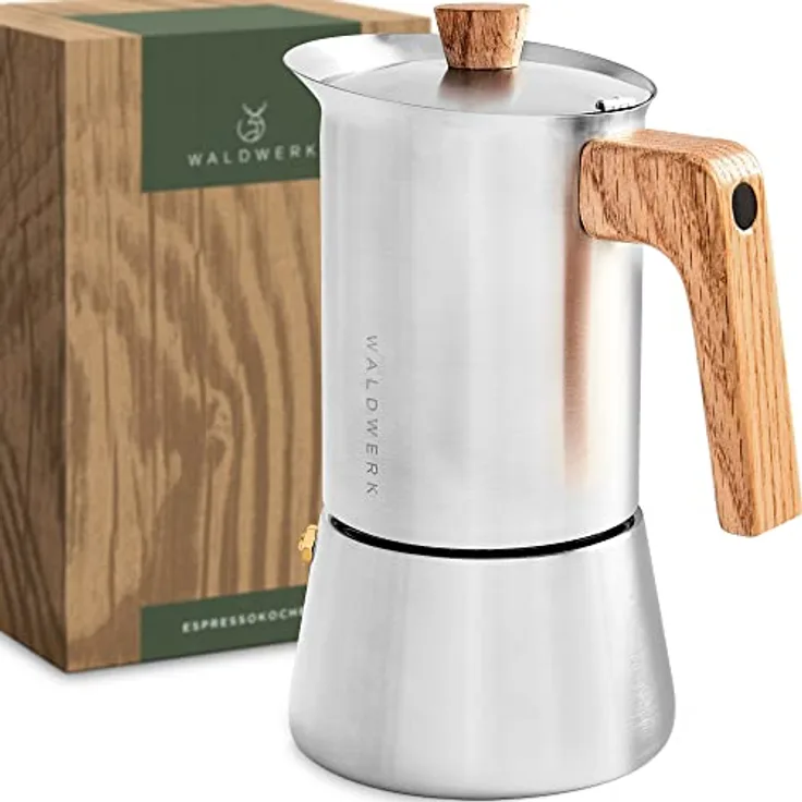 Waldwerk Espressokocher Edelstahl, 300 ml Kaffeekanne für Induktion und alle Herdarten, mit Eichenholzgriff und Messing-Sicherheitsventil
