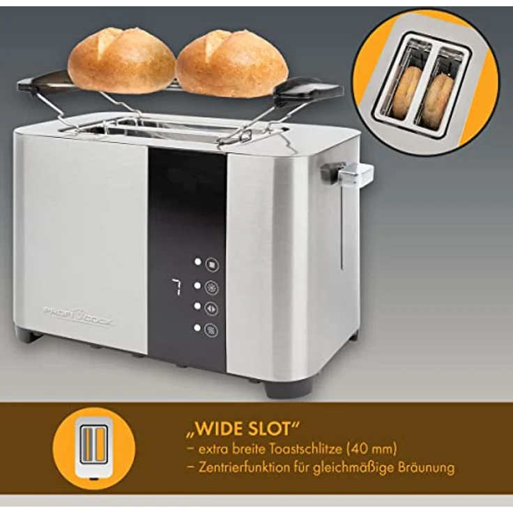ProfiCook Toaster, Toaster 2 Scheiben mit Sensor Touch Bedienung, Auftau-, Aufwärm-/ Schnellstoppfunktion, Toaster mit Brötchenaufsatz, Toaster Edelstahl, PC-TA 1250 – Bild 3