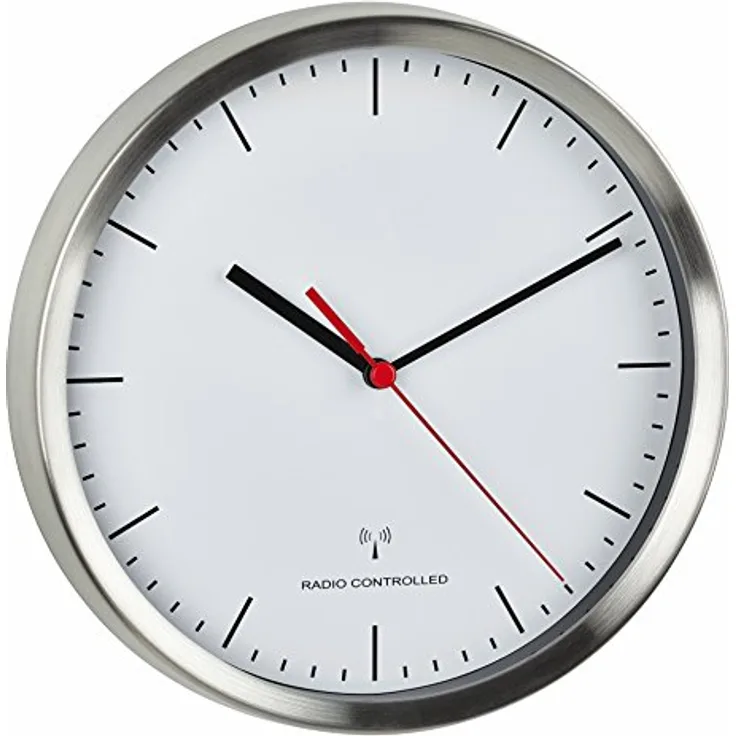 TFA Dostmann Funk-Wanduhr modern, 60.3530.02, leises Uhrwerk, gebürstetes Alu, 22 cm Durchmesser, Silber