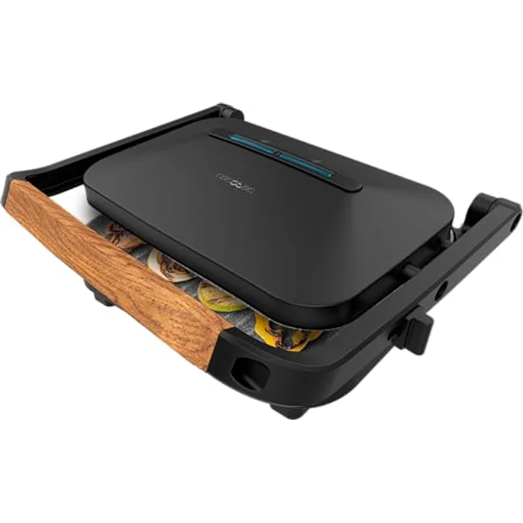 Cecotec Elektrischer Grill Rock'Ngrill 1300 Wood B, 1300W, schwarzes Design, Rockstone-Beschichtung, rutschfeste Basis, höhenverstellbare schwimmende Platte, Holzgriff
