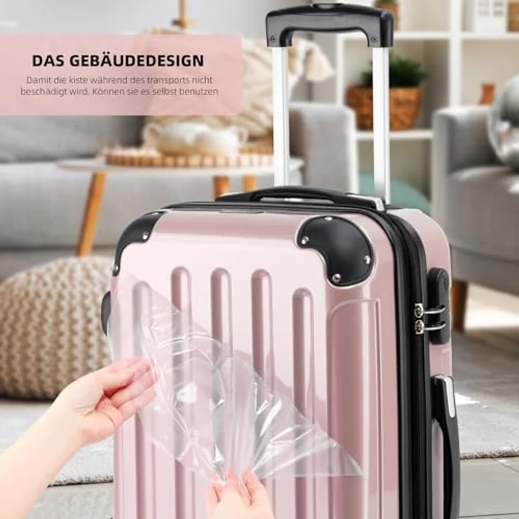 BEIBYE 3er Kofferset Hartschalen-Koffer mit Dehnungsfuge, 4 Doppelrollen, Rosa Gold, Größen XL, L, M – Bild 4