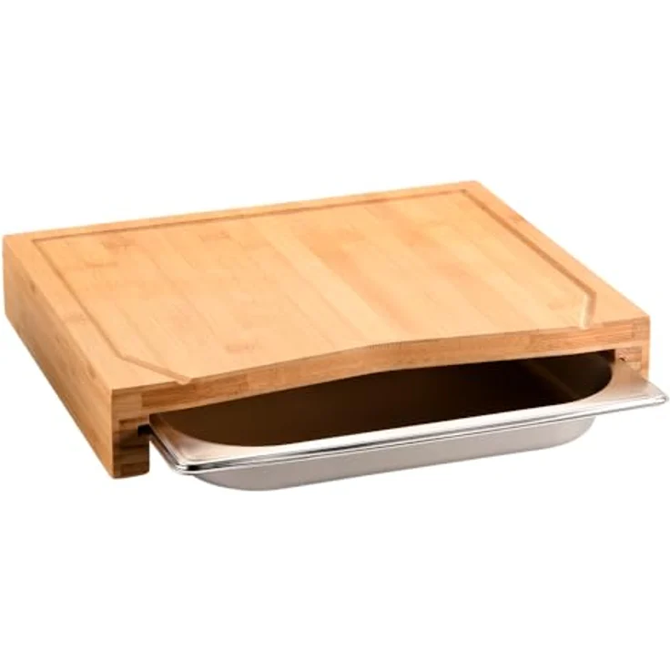 KESPER® Schneidebrett Brett mit Auffangschale, Bambus, 100% FSC®-zertifiziert, Saftrille und Edelstahlschale – Bild 2