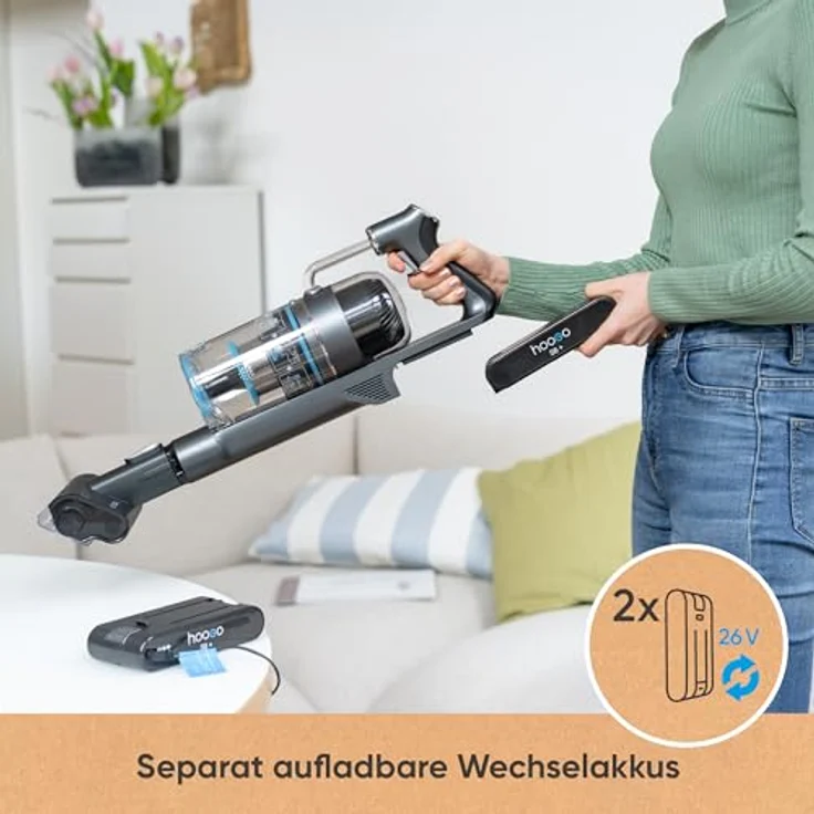 hoogo Akku-Staubsauger S6+ 2in1 | beutellos kabellos | Laufzeit bis zu 100 Min. | Handstaubsauger | inkl. 2 Wechselakkus | ideal für Tierhaarentfernung | LED Beleuchtung – Bild 5