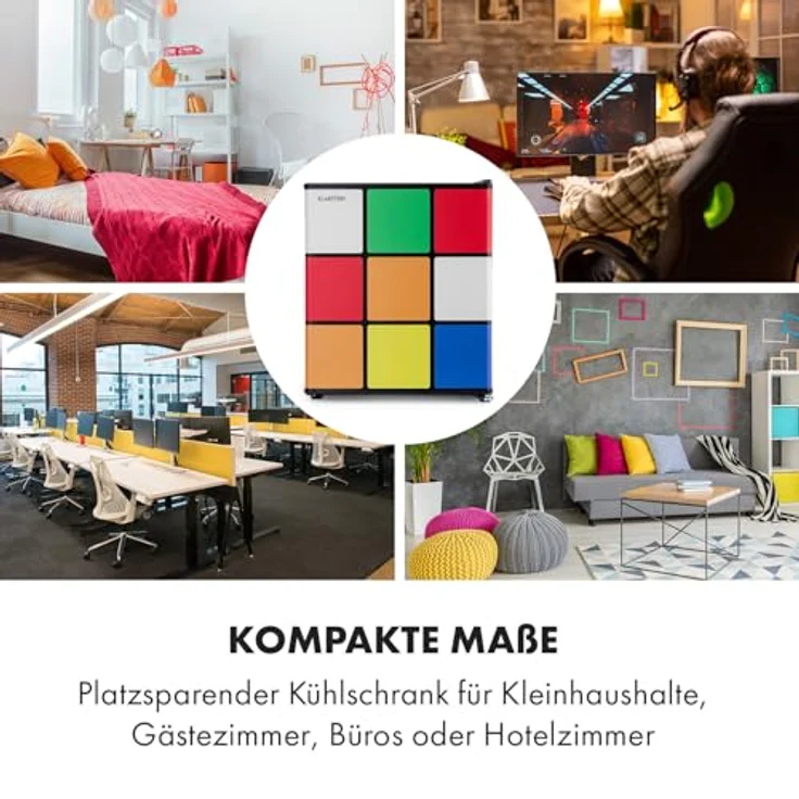 Klarstein Solve Mini-Kühlschrank, 48 Liter, thermoelektrisches Kühlsystem, 0 bis 10 °C Kühlung, Rubik-Würfel-Design, schwarz/bunt – Bild 4