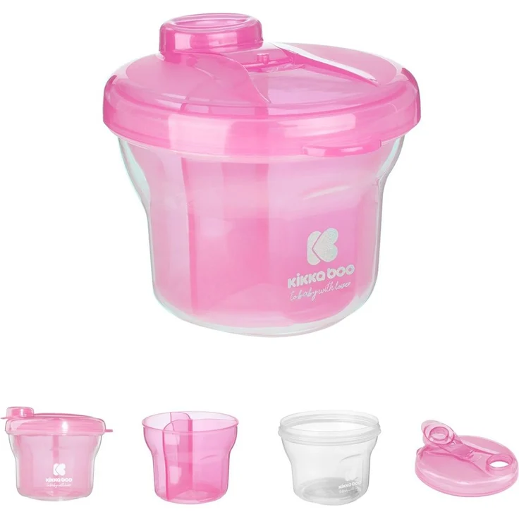 Kikkaboo Milchpulver Behälter 2 in 1 Snackbecher, drei Fächer, hygienische Aufbewahrung, Deckel rosa pink