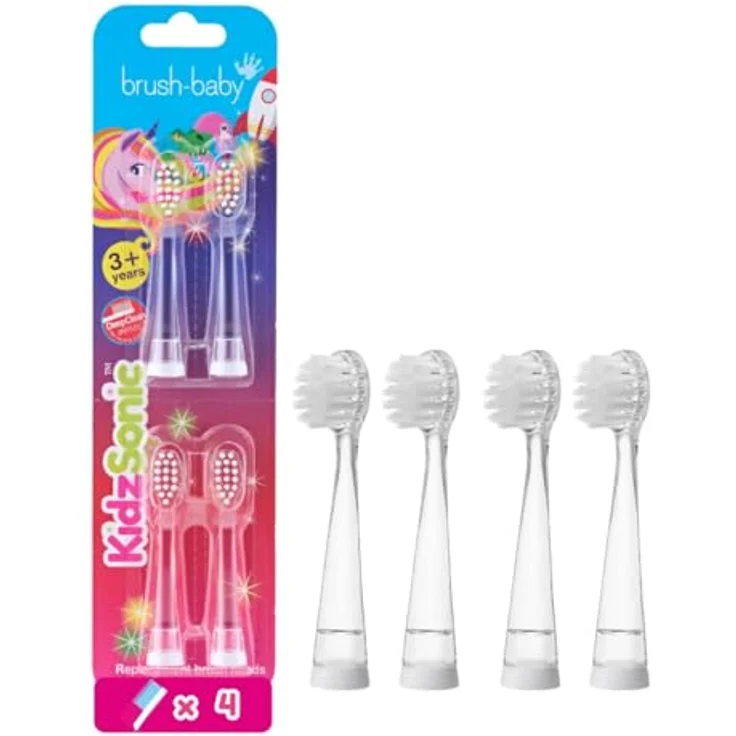 Brush-Baby KidzSonic, Ersatzbürstenköpfe für Kinder, 4 Stück, sanfte Zahnreinigung, Rakete und Einhorn, ab 3 Jahren – Bild 1