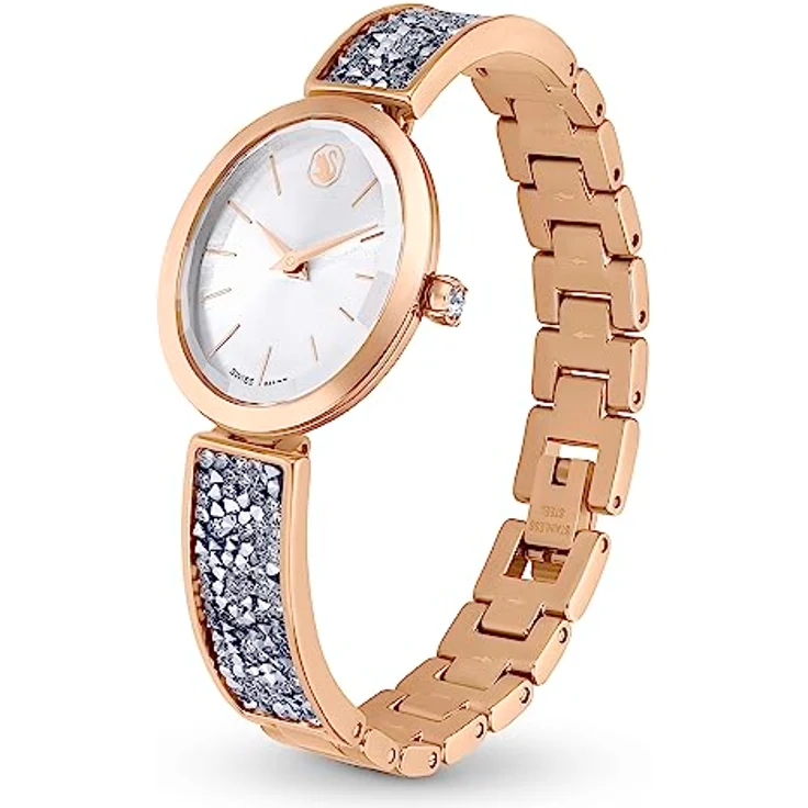Swarovski Crystal Rock Oval Damenuhr, roségoldfarbene Uhr mit Zifferblatt in Greige, Swarovski Kristallen und verstellbarem Metallarmband – Bild 2
