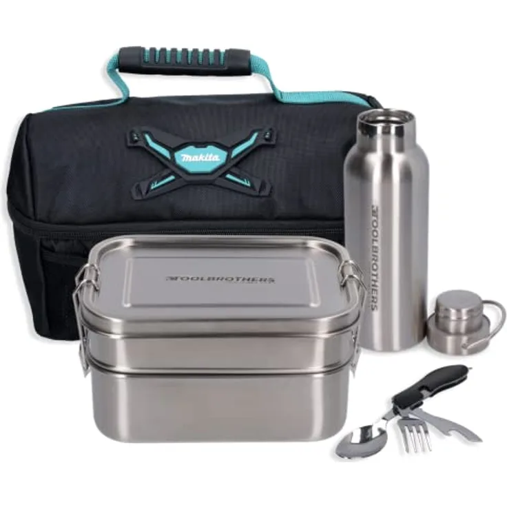 Toolbrothers Fan Lunchpaket mit Edelstahl Brotdose + Edelstahl Trinkflasche 500 ml + 4 in 1 Multifunktions Besteck + Marken-Kühltasche (1340ml, 2 Etagen & Edelstahldeckel)