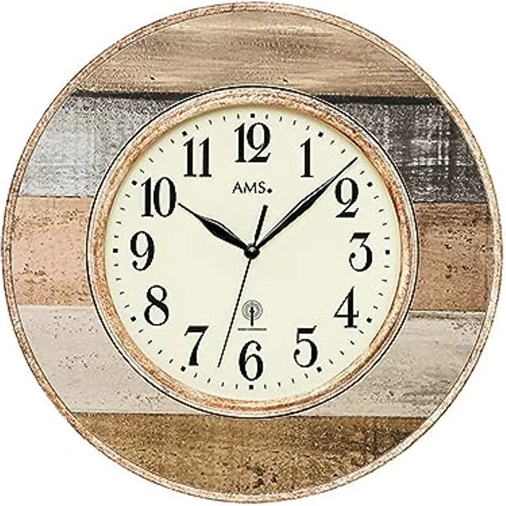 AMS. Funk-Wanduhr Oslo 5975, Landhaus, modern, groß, rund, für Wohnzimmer, Schlafzimmer, mit Holzdekor