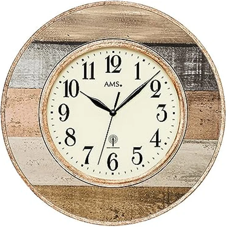AMS. Funk-Wanduhr Oslo 5975, Landhaus, modern, groß, rund, für Wohnzimmer, Schlafzimmer, mit Holzdekor