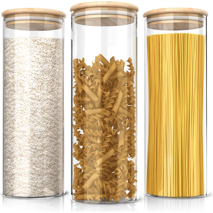 Arendo Vorratsgläser, Glasbehälter 3er Set mit Bambusdeckel & Silikondichtung, luftdicht, Borosilikatglas, spülmaschinengeeignet, 3 x 2,1 L