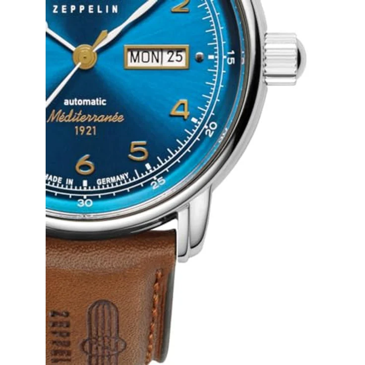 Zeppelin Automatikuhr 100 Jahre Méditerranée Day Date, Silberfarbenes Edelstahlgehäuse, blaues Sunray Zifferblatt, braunes Lederband, 5 ATM spritzwassergeschützt, 41 mm Gehäusedurchmesser – Bild 3