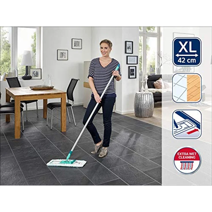 Leifheit Bodenwischer Profi XL mit 2 Wischbezügen, 1x Mikrofaser Bezug für alle glatten Böden & 1x elektrostatisches Staubtuch, Stahlstiel 140cm, Mopp mit 42cm Wischbreite – Bild 3