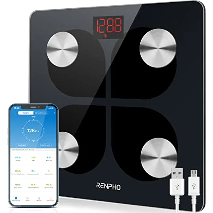 RENPHO Körperfettwaage, Bluetooth Personenwaage USB Wiederaufladbare Körperanalysewaage mit App, Smart Körperwaage für Körperfett, BMI, Gewicht, Muskelmasse, Wasser, Protein – Bild 1