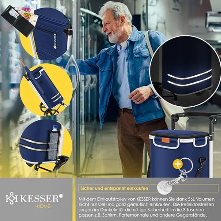 KESSER® Einkaufstrolley klappbar mit 56L Kapazität und belastbar bis 50kg | 3in1 Trolley Sackkarre & Umhängetasche | Faltbarer Einkaufswagen inkl. Kühlfach & Einkaufschip | Treppensteiger Navyblau – Bild 5