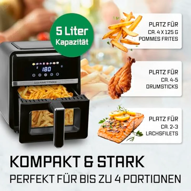 GOURMETmaxx Heißluftfritteuse 5 L, Airfryer mit 6 Funktionen, 8 Programmen, Farbdisplay mit Touch-Funktion, für max. 4 Personen, inkl. 10 Backpapierschalen – Bild 4