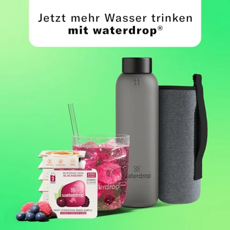 Waterdrop Starterset Glas Trinkflasche 600ml Black Frosted, inkl. 3er-Packs mit 6 fruchtigen Sorten – Bild 7