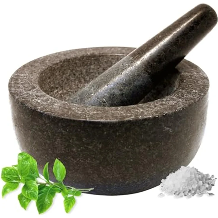 JADE TEMPLE Steinmörser mit Stößel im Set, effektives und einfaches mörsern, aus massivem Granit mit 18 cm Durchmesser und 8,5 cm Höhe – Bild 2