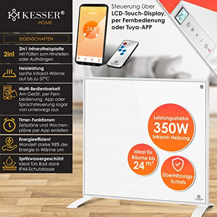 KESSER Infrarotheizung Energiesparend Infrarot 2in1 Standgerät & Wandmontage Elektroheizung mit Fernbedienung Thermostat & App-Steuerung Timer Elektrisch Heizpaneel Heizung Konvektor Standfüße Weiß, 350W, Heizstrahler – Bild 2