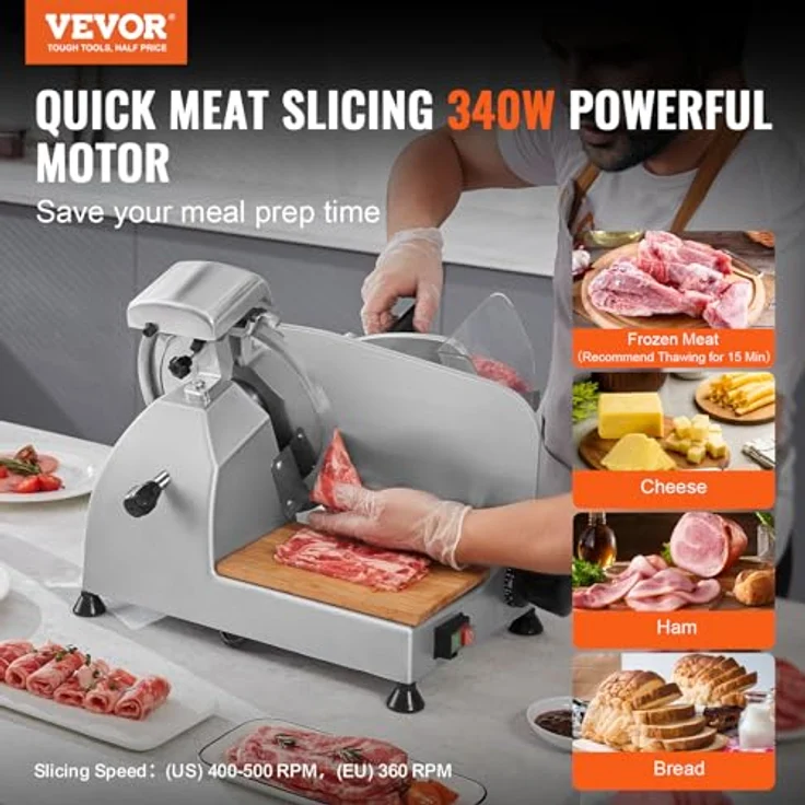 VEVOR Kommerzieller Fleisch Allesschneider 340 W, Elektrische Aufschnittmaschine Lebensmittelschneider mit 25,4 cm-Kohlenstoffstahlklinge, 0–15 mm einstellbare Dicke - SUS420-Klinge, Schnelles Schneiden, Leicht zu reinigen, Stabilität & Sicherheit – Bild 2