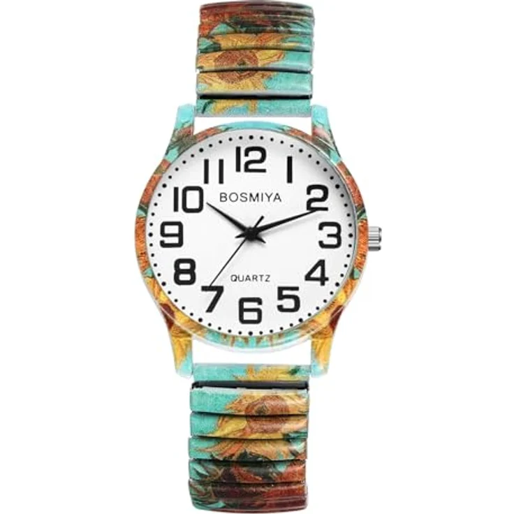 JewelryWe Damenuhr Boho Elastische Armbanduhr, Analog Quarz mit Van Goghs Sonnenblumen, Edelstahl Stretcharmband, große Ziffern, für Handgelenke 18-22 cm, mit 1ATM Wasserschutz – Bild 1
