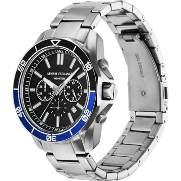 Armani Exchange Herren Analog Quarz Uhr mit Edelstahl Armband AX7166SET, 44mm Gehäuse, schwarzes Zifferblatt, silbernes Edelstahlband, wasserdicht bis 100m – Bild 2
