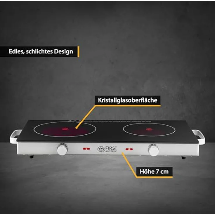 TZS First Austria Infrarot Keramik-Herdplatte doppelt | ALLE Topfarten | Doppelkochplatte 20cm / 16,5cm | Kochfeld für Umzug, Camping, Ferienwohnung - schnelles Aufheizen & stufenlose Einstellung – Bild 4