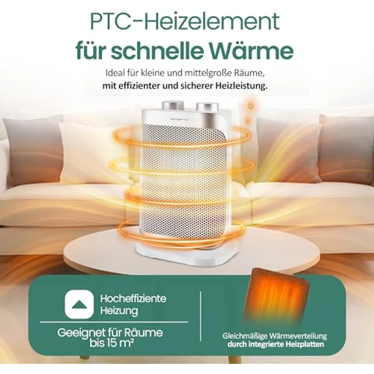 EMERIO FH-110691.4 Heizlüfter, 1500W, für Räume bis 15 m², mit PTC-Keramik-Heizelement, oszillierend, 2 Heizstufen, Einstellbarer Thermostat, Ventilatorfunktion, Kippschutz, silber – Bild 2