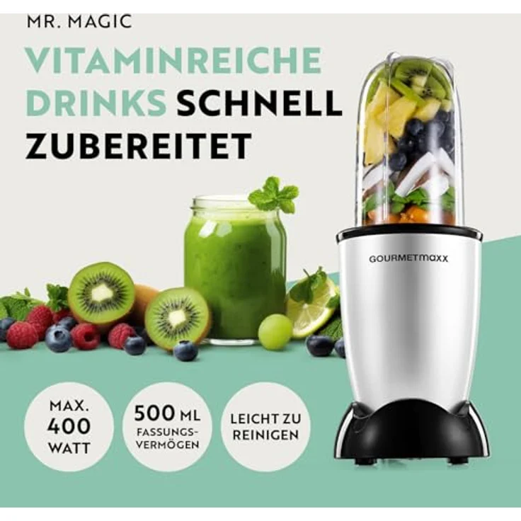 GOURMETmaxx Mr. Magic Mixer 4-tlg. | 400W Standmixer mit Edelstahl-Kreuzklinge, 500ml Mixbecher & To Go Deckel | Für Smoothies, Shakes, Dips und Soßen | Silber/Schwarz – Bild 2
