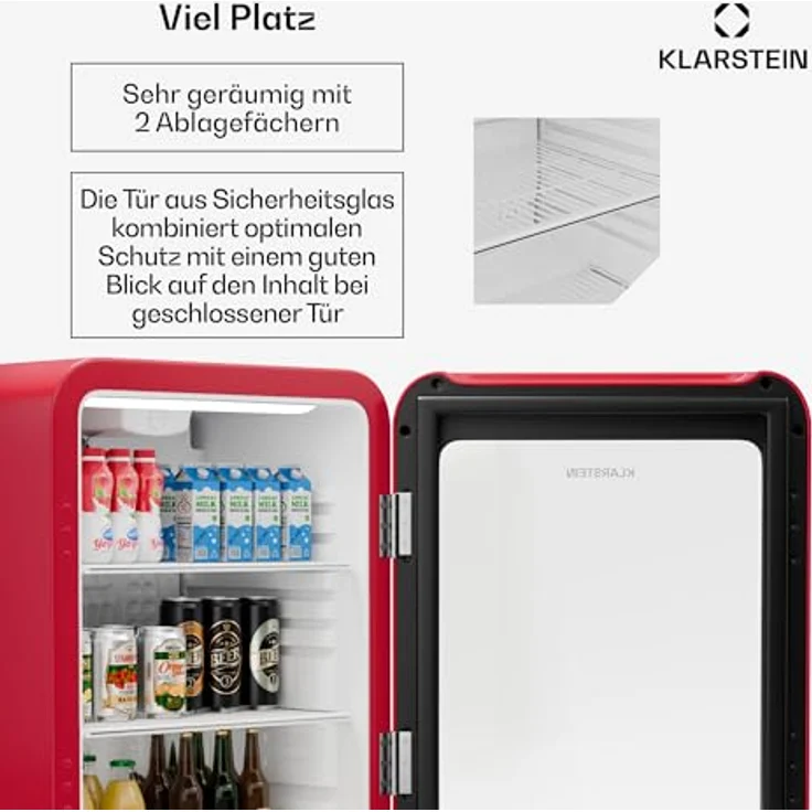 Klarstein Audrey Evo Getränkekühlschrank, 68 Liter, 67 cm hoch, Retro-Optik, energieeffizient, umkehrbare Tür, rot – Bild 5