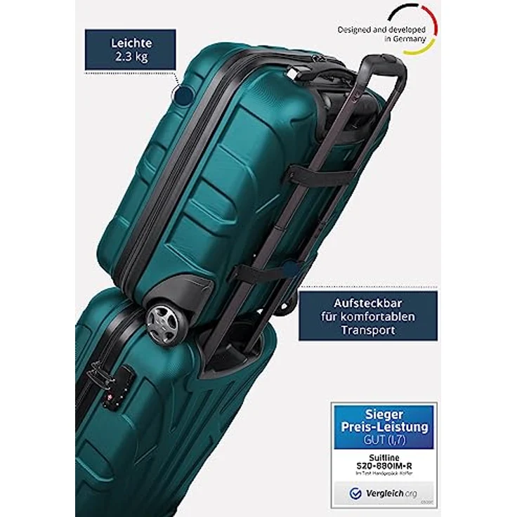 suitline Kleiner Koffer 45x36x20 cm, Easyjet Freigepäck Underseat Handgepäck, Bordgepäck Trolley leicht, 30 Liter, ABS Hartschale, Aquagrün – Bild 3