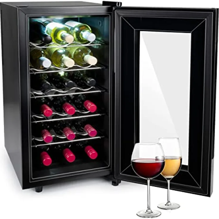 alpina Weinkühlschrank - 230V - 18 Flaschen/ 50L - Temperatur Regelbar von 11°C bis 22°C - Glastür und Innenbeleuchtung - Geräuscharm bis Geräuschlos - Schwarz