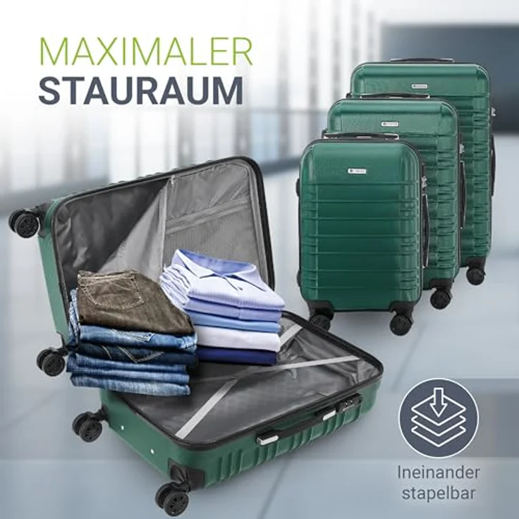 Juskys Hartschale Kofferset Reisekoffer 3-teilig, Zahlenschloss, geräuscharme 360° Rollen, Teleskopgriff, leicht, dunkelgrün – Bild 2