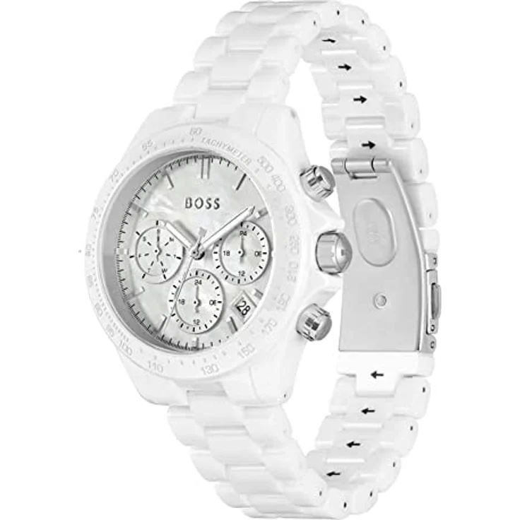 BOSS Multifunktionsuhr NOVIA CERAMIC 1502630, Quarzuhr, elegante Keramik-Armbanduhr in weiß-perlmuttfarben, Wasserdicht bis 5 bar, mit Datumsfunktionen und Leuchtzeigern – Bild 2