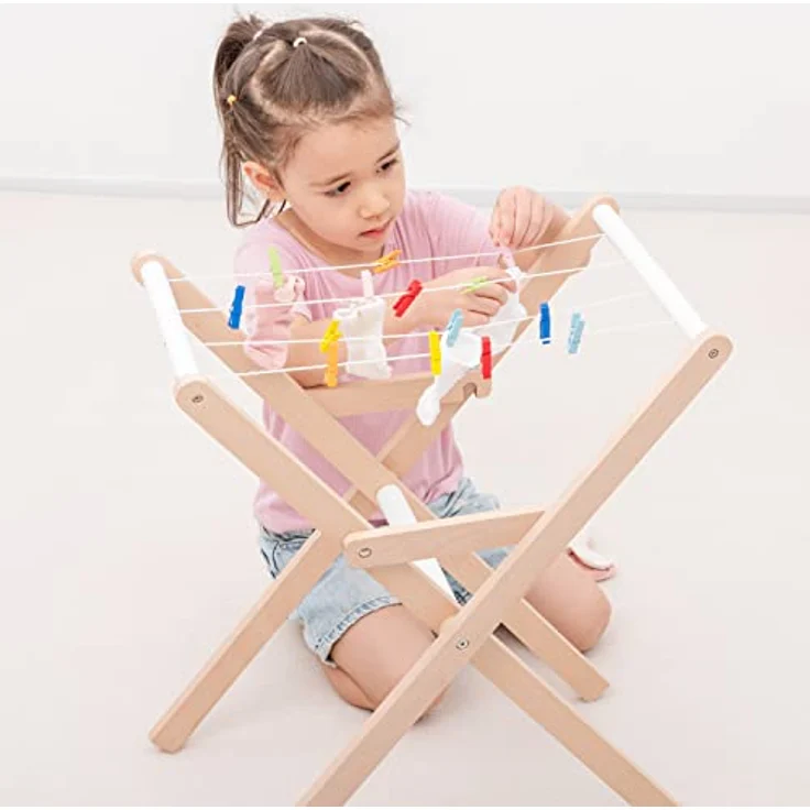 New Classic Toys Holz Spielzeug Wäscheständer mit 21 bunten Klammern und 4 Leinen, zusammenklappbar, fördert Feinmotorik und Fantasie – Bild 2